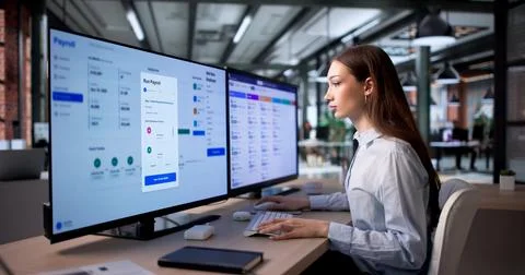 Woman Uses HR Software On Computer To Manage Employee Payroll Accurately. 库存照片