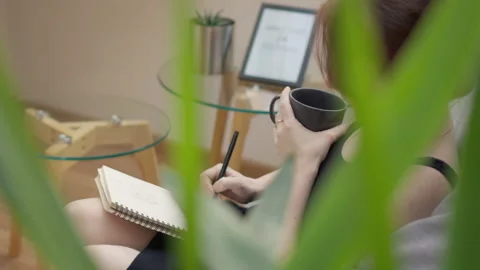 Woman uses notebook as tool for self-education writing down impressions Stock Footage 243434735