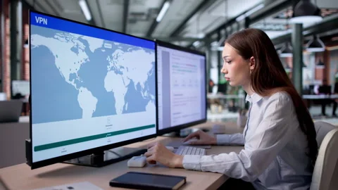Woman Uses Secure VPN On Computer Stock Footage 335455587