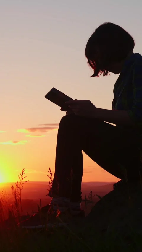 Woman uses tablet pc in the background of the sunset, vertical video Stock Footage 244814124