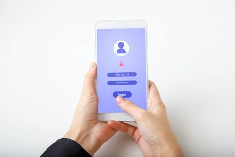 Woman using access window to log in entering password on mobile phone, Sign u Stock Photos
