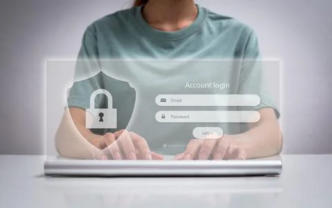 Woman using access window to log in entering password on laptop, Sign up user Foto stock