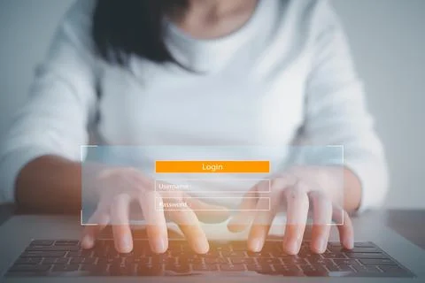 Woman using access window to log in entering password on laptop, Sign up user Stock Photos