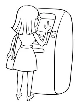 Woman using ATM machine. Vector illustration of people black line isolated white イラスト素材