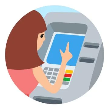 Woman using ATM machine. Vector illustration round icone isolated white イラスト素材