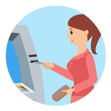 Woman using ATM machine. Vector illustration round icone isolated white イラスト素材