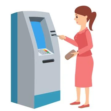 Woman using ATM machine. Vector illustration isolated white background イラスト素材