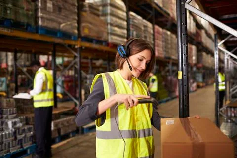 Woman using a barcode reader in a distribution warehouse Stock Photos