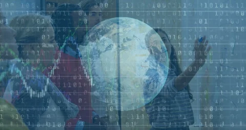 Woman using blue marker on board while team analyzing binary code and graphs for Stock Footage 314707062
