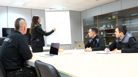 Woman using a board during a brainstorm meeting with engineers Stock Footage 260218132