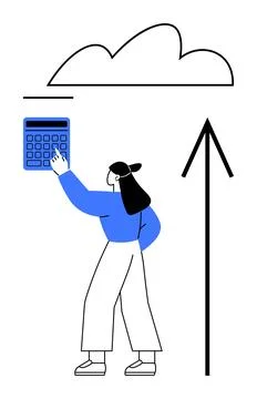 Woman using calculator beneath cloud with upward arrow, illustrating growth.. Stock Illustration