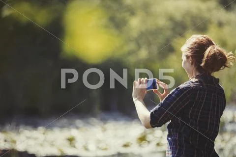 Woman using camera phone at sunny lakeside Stock Photos