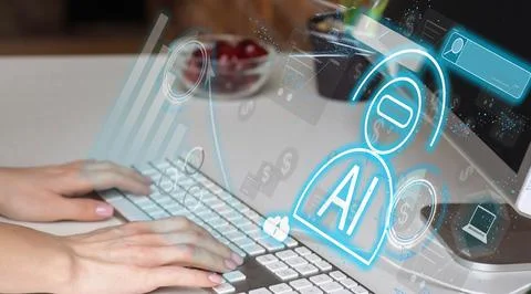 Woman using chatbot in computer and tablet smart intelligence Ai. Chat with AI Foto stock