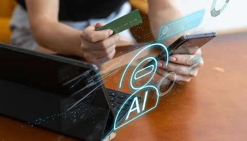 Woman using chatbot in computer and tablet smart intelligence Ai. Chat GPT Chat Stock Photos