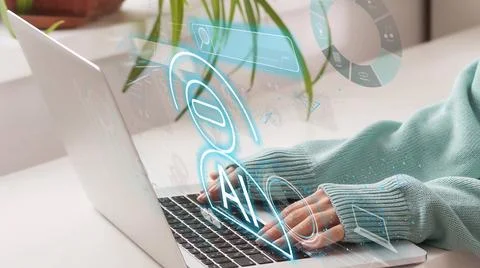 Woman using chatbot in computer and tablet smart intelligence Ai. Chat GPT Chat Stock Photos