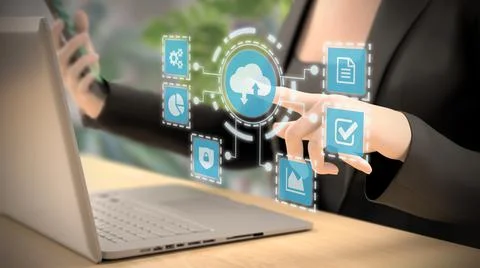 A woman using cloud services from a laptop and a smartphone. 3D Rendering Stock Illustration