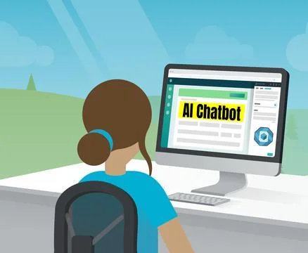 Woman using a computer with an AI chatbot interface Stock Illustration
