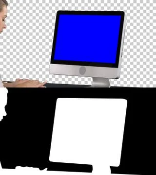 Woman using computer, Alpha Channel. Blue Screen Mock-up Display. Stock Photos