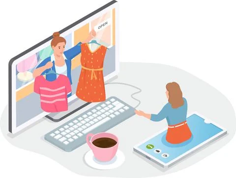 Woman using computer and smartphone to choose dress on website, online shopping Illustrazione stock