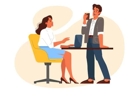 Woman using computer and talking to her coworker. イラスト素材