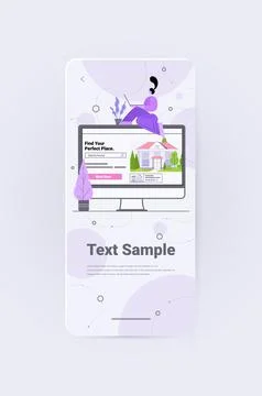 Woman using computer app for searching houses for renting or buying online real Stock Illustration