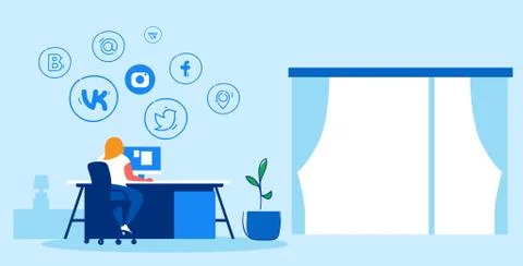 Woman using computer application online social media networks communication Stock Illustration