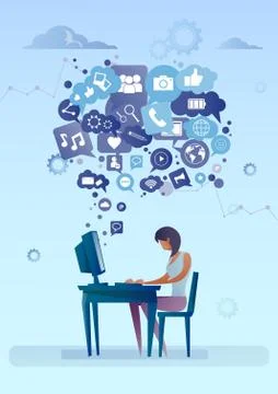 Woman Using Computer With Chat Bubble Of Social Media Icons Network 스톡 일러스트