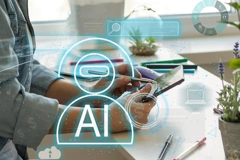 Woman using computer chatting with an intelligent artificial intelligence asks Stock Photos