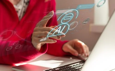 Woman using computer chatting with an intelligent artificial intelligence asks Stock Photos