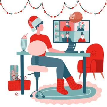 Woman using computer for collective virtual meeting, group video conference Stock Illustration
