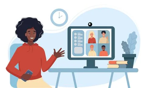 Woman using computer for collective virtual meeting and group video conference Stock Illustration