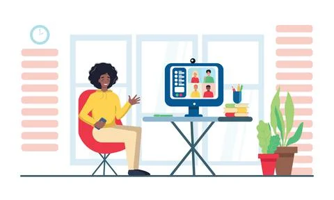 Woman using computer for collective virtual meeting and group video conference Illustrazione stock