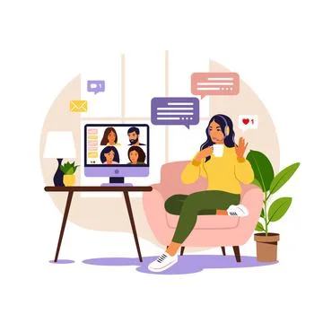 Woman using computer for collective virtual meeting and group video conferenc Stock Illustration