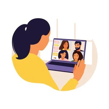 Woman using computer for collective virtual meeting and group video conferenc Stock Illustration
