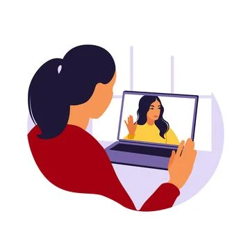 Woman using computer for collective virtual meeting and group video conferenc Stock Illustration
