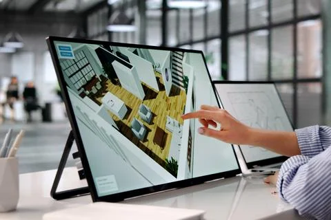 Woman Using Computer To Design Virtual 3D Interior Remodel For House. Fotos Stock