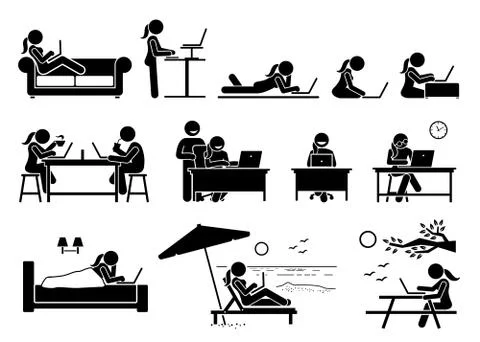 Woman using computer on different postures, poses, and places. Artwork depict Stock Illustration