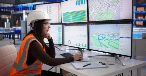 Woman Using Computer To Manage Delivery Logistics And Optimize Supply Chain. Stock Photos