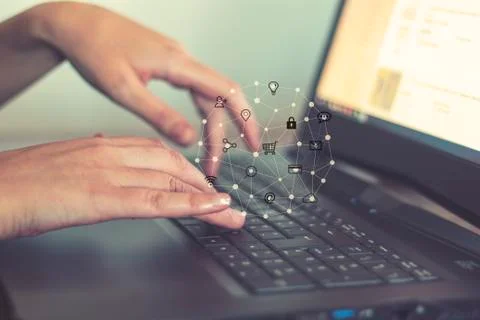 Woman using computer. Networking and social media concept Stock Photos