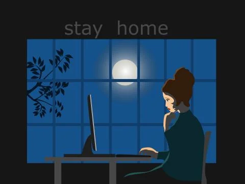 Woman using computer in room at night.There is a moon outside the window. Illustrazione stock