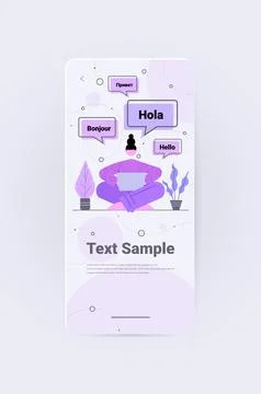 Woman using computer translation application on laptop multilingual greeting Stock Illustration