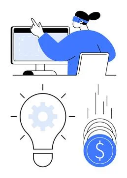 Woman using computer with VR headset, light bulb with gear inside, coins with Illustrazione stock