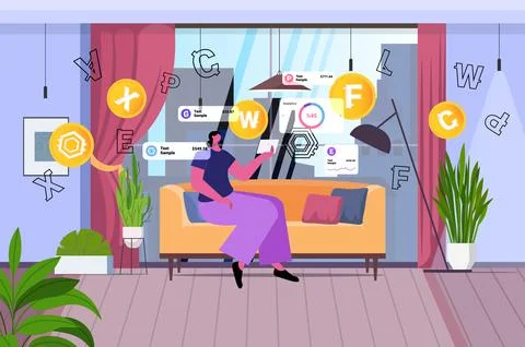 Woman using cryptocurrency mining application on tablet pc virtual money Stock Illustration