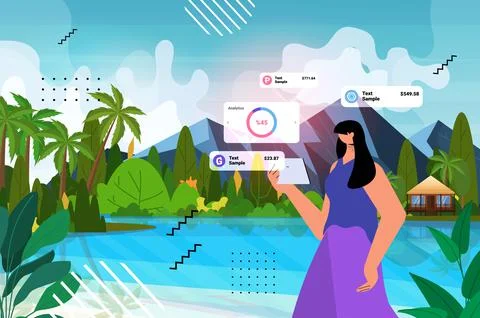 Woman using cryptocurrency mining application on tablet pc virtual money Stock Illustration