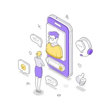 Woman Using Customer Support Chat Service On Smartphone Screen Isometric Ve.. Stock Illustration