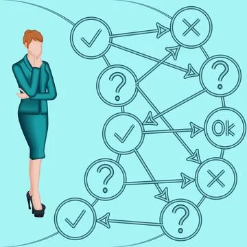 Woman using decision tree. 2d 스톡 일러스트