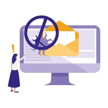 Woman using desktop with bug in email Stock Illustration