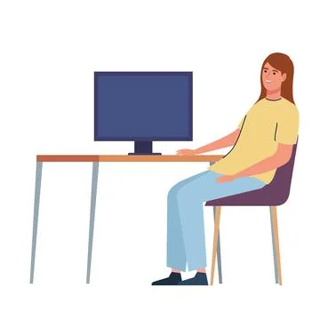 Woman using desktop computer Stock Illustration