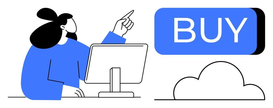 Woman using desktop computer with large BUY button and cloud icon Illustrazione stock