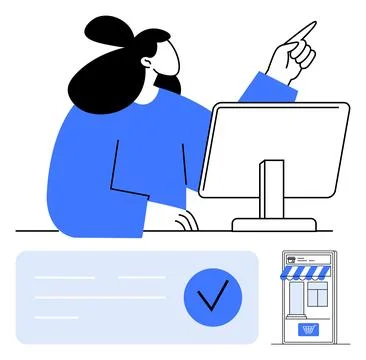 Woman Using Desktop Computer to Manage Online Store Orders and Approvals Illustrazione stock